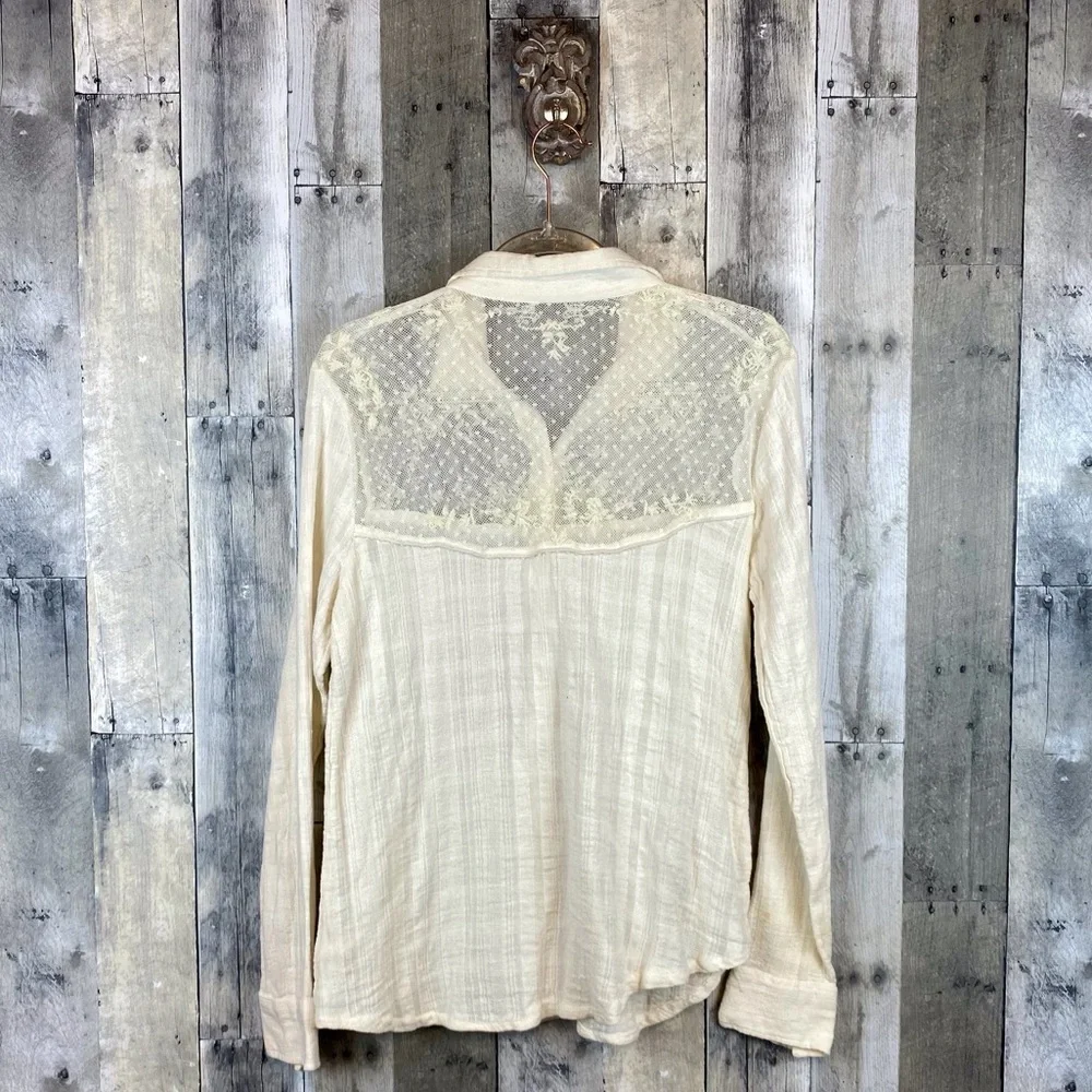Free People Saddle Up Lace Yolk Button Up Shirt in Cream Size Medium.